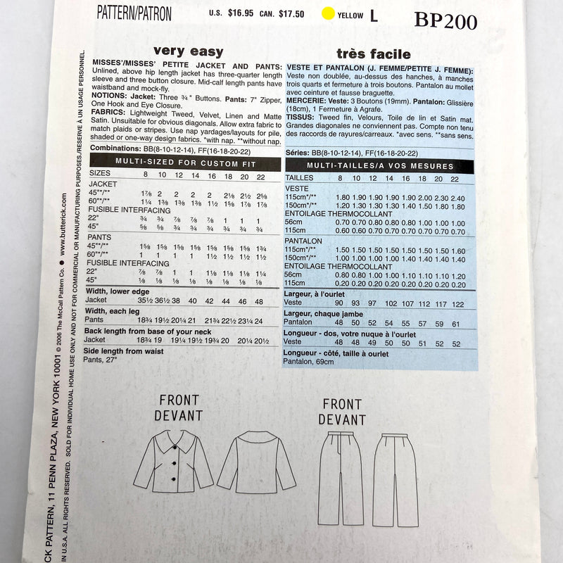 Butterick BP 200 | Adult Petite Jacket and Pants | Size 16-22