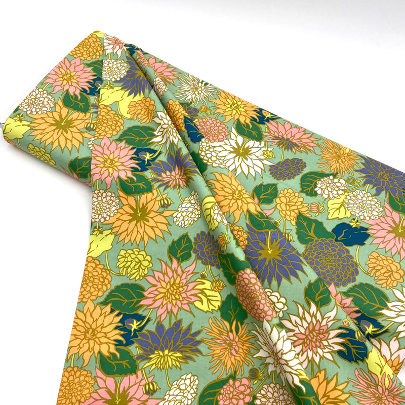 Dahlia Love Sage | In The Garden | Organic Quilting Cotton