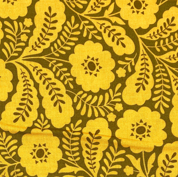 Geometric-style floral and leaf motifs in a golden yellow on a dark olive green background.