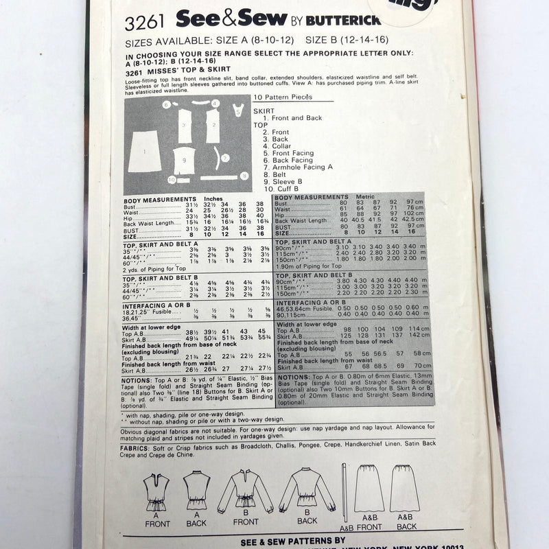 Butterick See & Sew 3261 | Adult Top & Skirt | Size 12-16