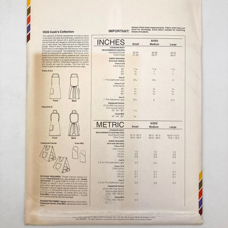 Stretch & Sew In-Ann-Instant 5920 | Adult and Child Apron and Oven Mitt and Casserole Carrier | Adult Bust/Chest Size S-M-L, Child Bust/Chest Size S-M-L