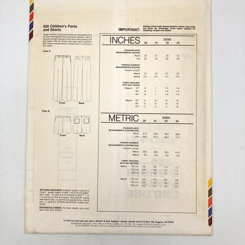 Stretch & Sew 920 | Children's Pants and Shorts | Waist Sizes 20-23