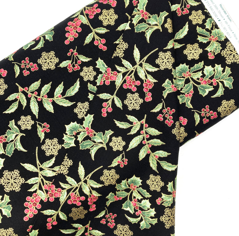 Festive Holly Toss Black | Festive Chickadees | Quilting Cotton