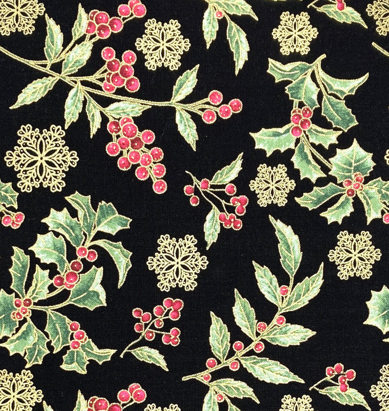 Festive Holly Toss Black | Festive Chickadees | Quilting Cotton