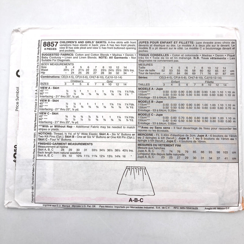 Pattern size, fabric and notion guide