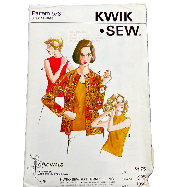 Kwik Sew 573 | Long Sleeve Jacket and Sleeveless Top | Size 14-16