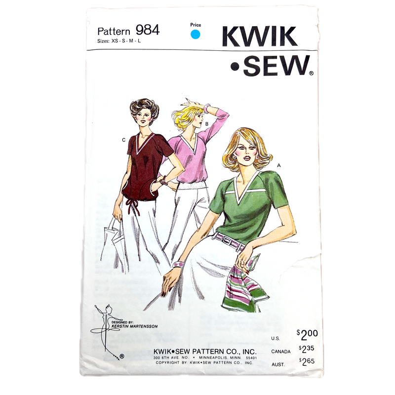 Kwik Sew 984 | Raglan Sleeve Top | Size XS-L