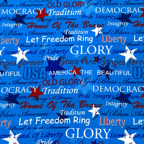 Patriotic Words Bright Blue | Quilting Cotton