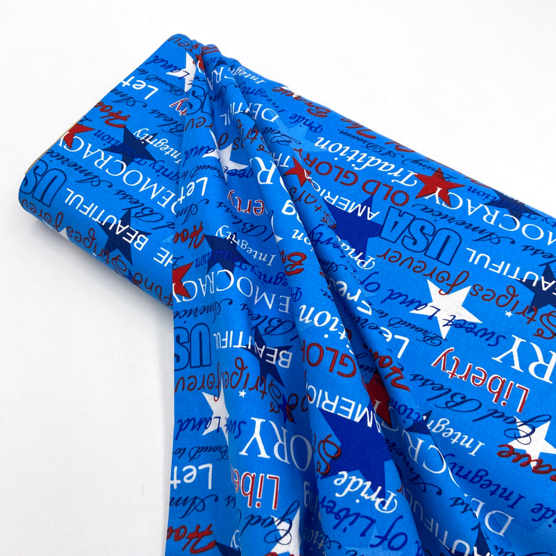 Patriotic Words Bright Blue | Quilting Cotton