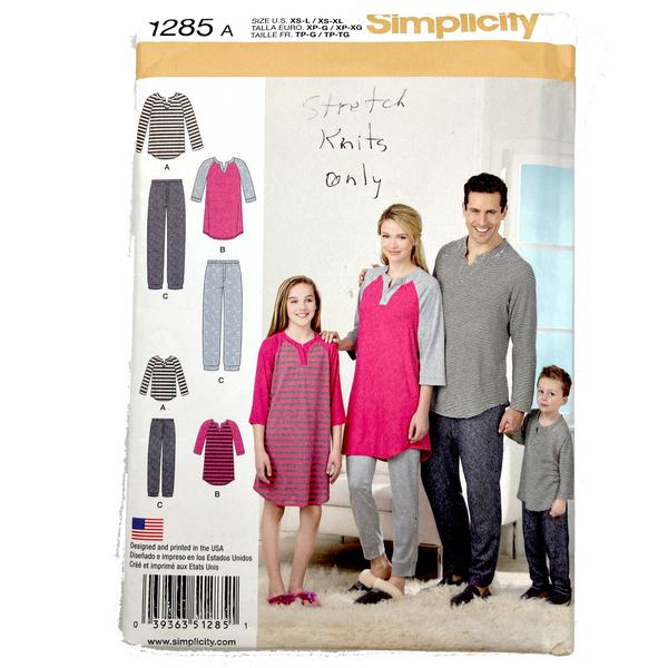 Simplicity 1285 | Child's, Teens' and Adults' Knit Top in Two Lengths and Pants | Sizes XS - XL