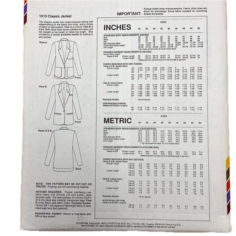 Stretch & Sew 1013 | Classic Jacket | Bust Sizes 30-46