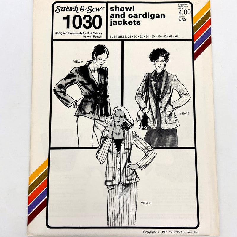 The front cover of the advertised sewing pattern, picturing three women wearing jackets with lapel collars, patch pockets, and buttons. 