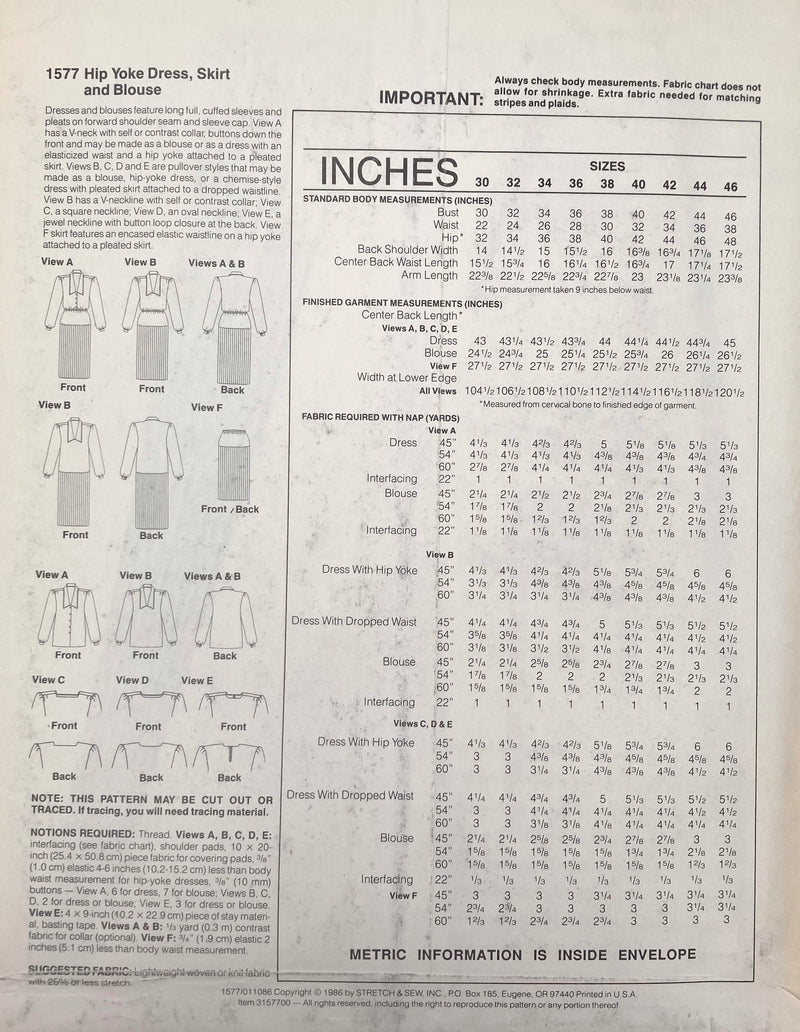 Stretch & Sew 1577 | Adults' Hip Yoke Dress, Skirt and Blouse | Bust Sizes 30-46