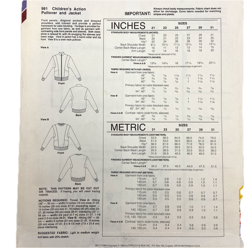 Stretch & Sew 981 | Kids' Action Pullover and Jacket | Chest Sizes 21-31