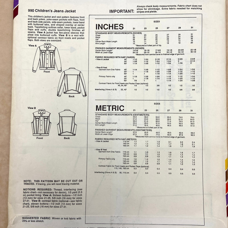 Stretch & Sew 990 | Kids' Jean Jacket | Chest Sizes 21-31