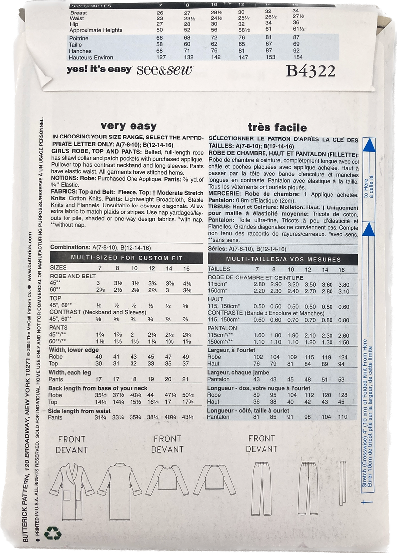 Butterick See & Sew B 4322 | Kids' Robe, Top and Pants | Size 7-10