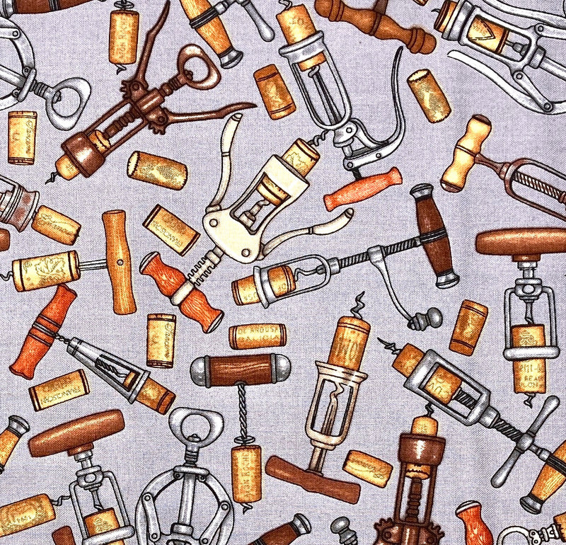 A variety of brown and silver corkscrews with corks on a gray background