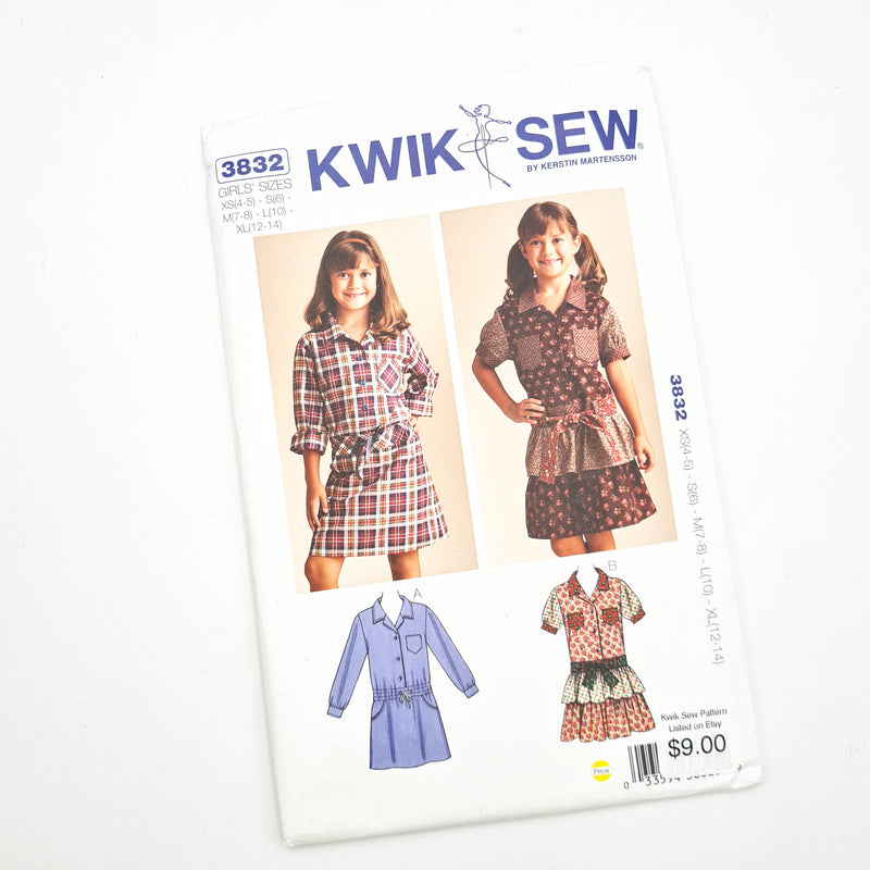 Kwik Sew 3832 | Kids' Dresses - Sizes XS-XL | Uncut, Unused, Factory Folded Sewing Pattern