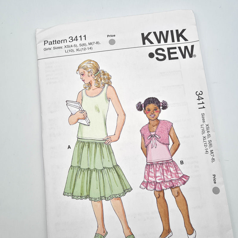 Kwik Sew 3411 | Kid's Skirts, Top, + Bolero - Sizes XS-XL | Uncut, Unused, Factory Folded Sewing Pattern