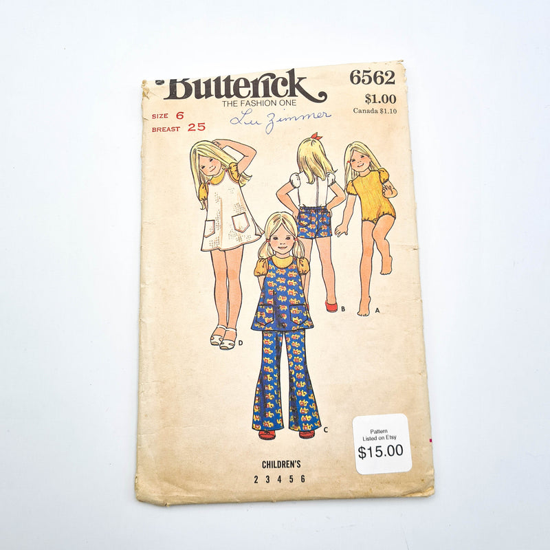 Butterick 6562 | Children's Bodysuit, Tunic, Jumper, Pants, + Shorts | Size 6